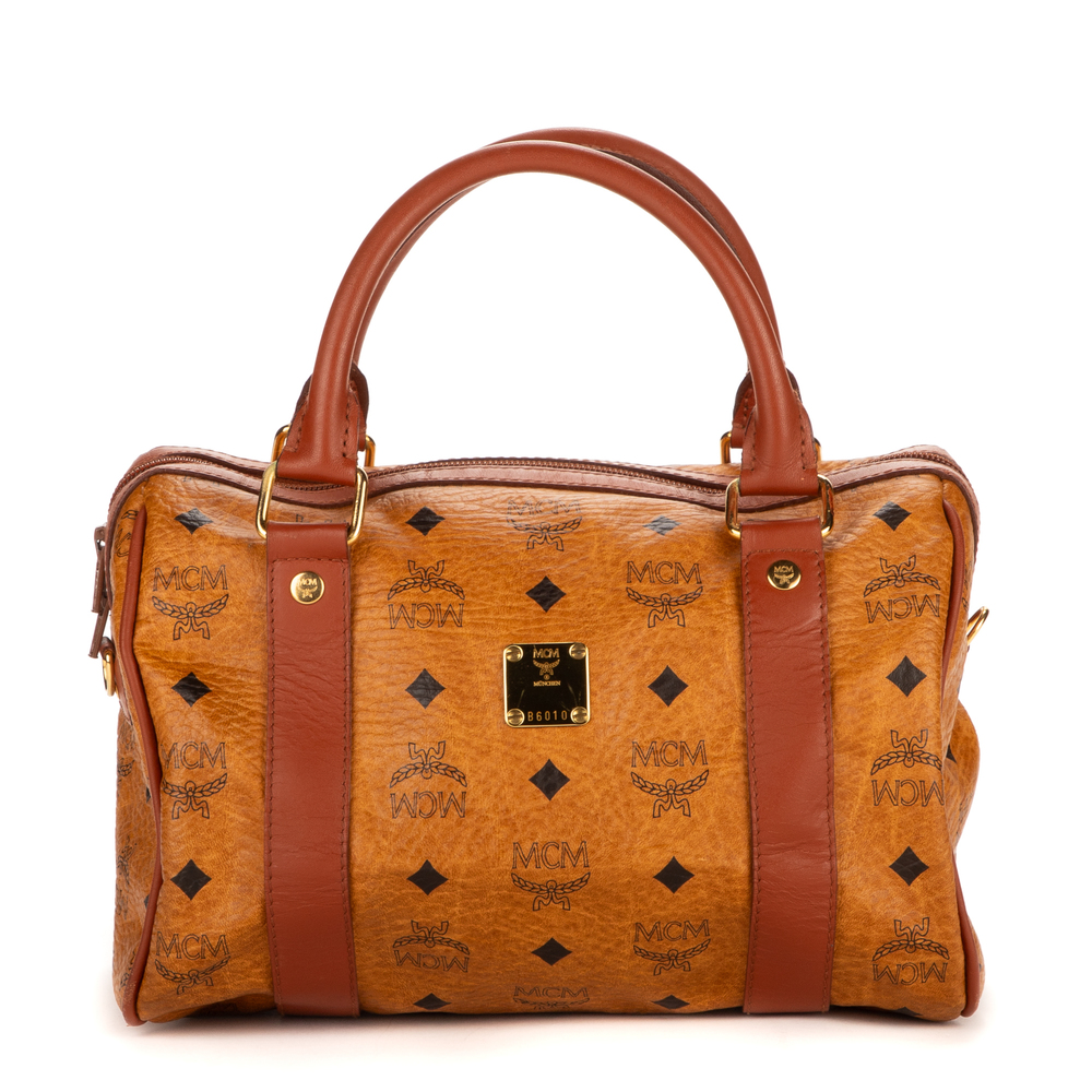 MCM Cognac Brown Monogram Leather Satchel with Dark Brown Trim